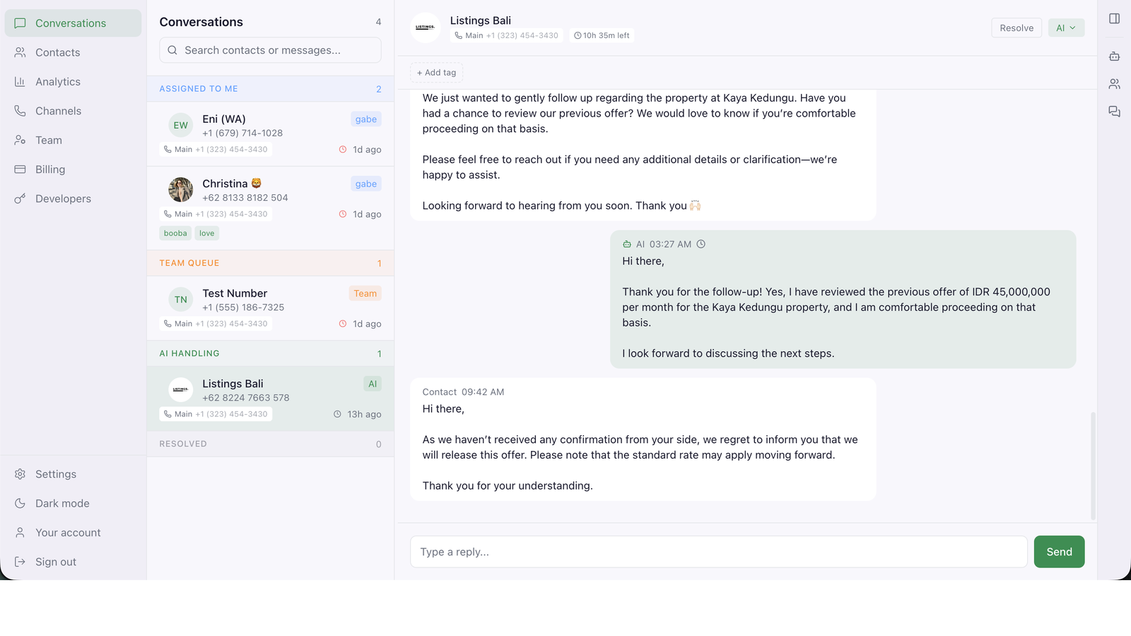 AI replying on WhatsApp with product details, prices, and shipping info pulled live from Shopify.