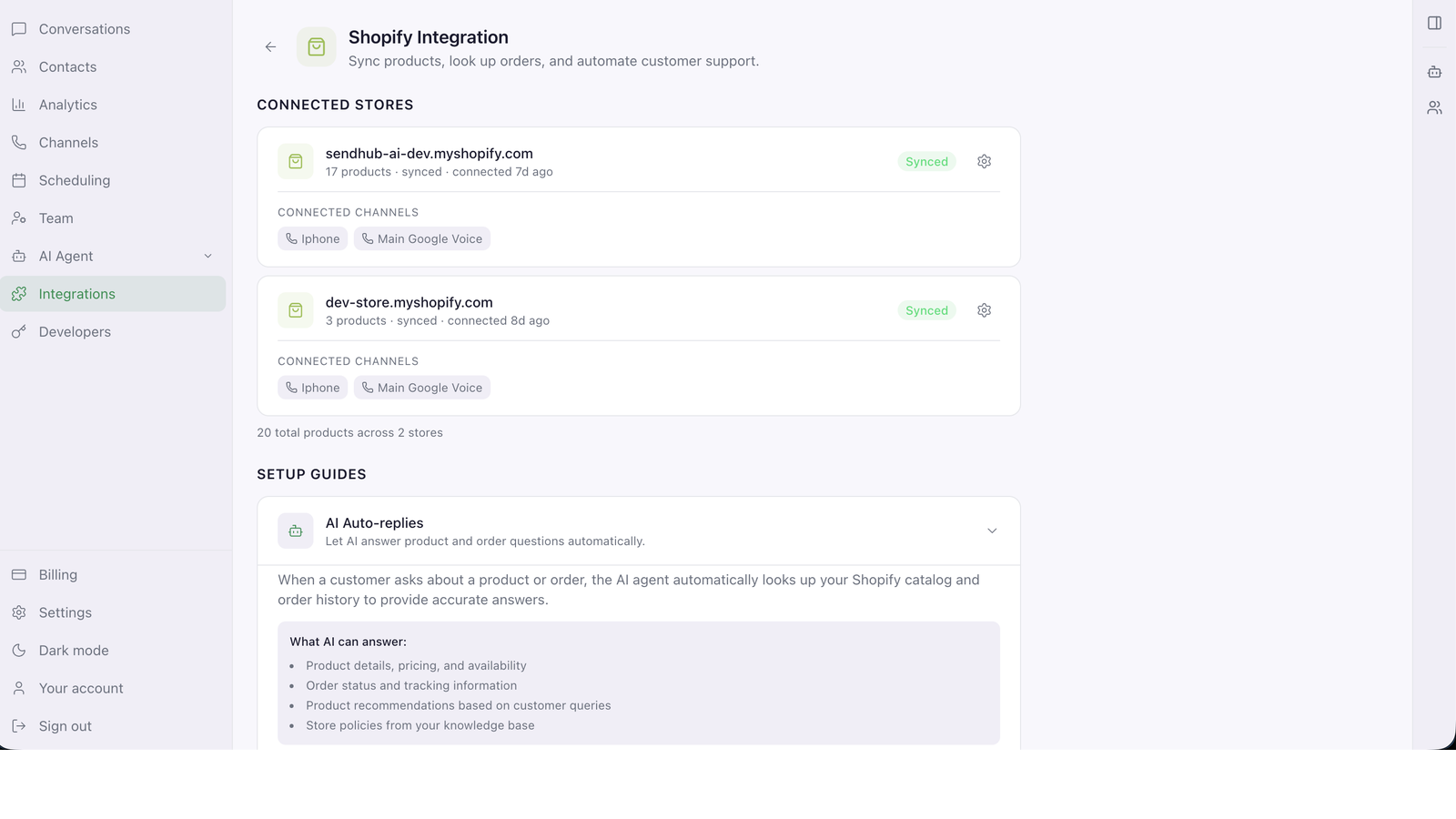 Shopify integration page showing connected stores with synced products.