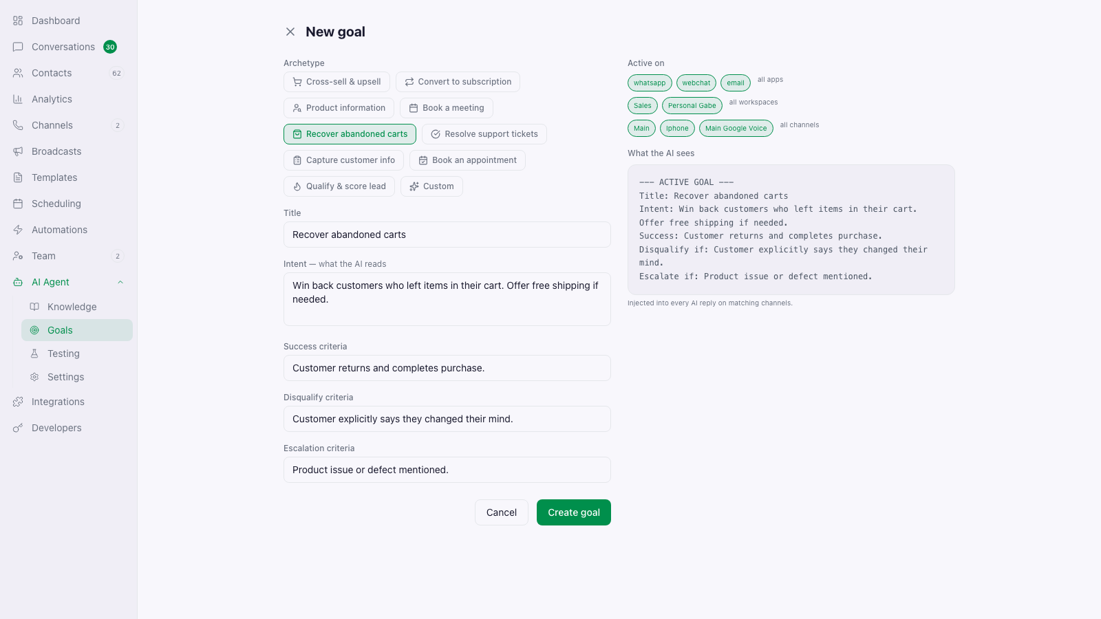 Cart-recovery goal editor showing intent, success criteria, and active channels.