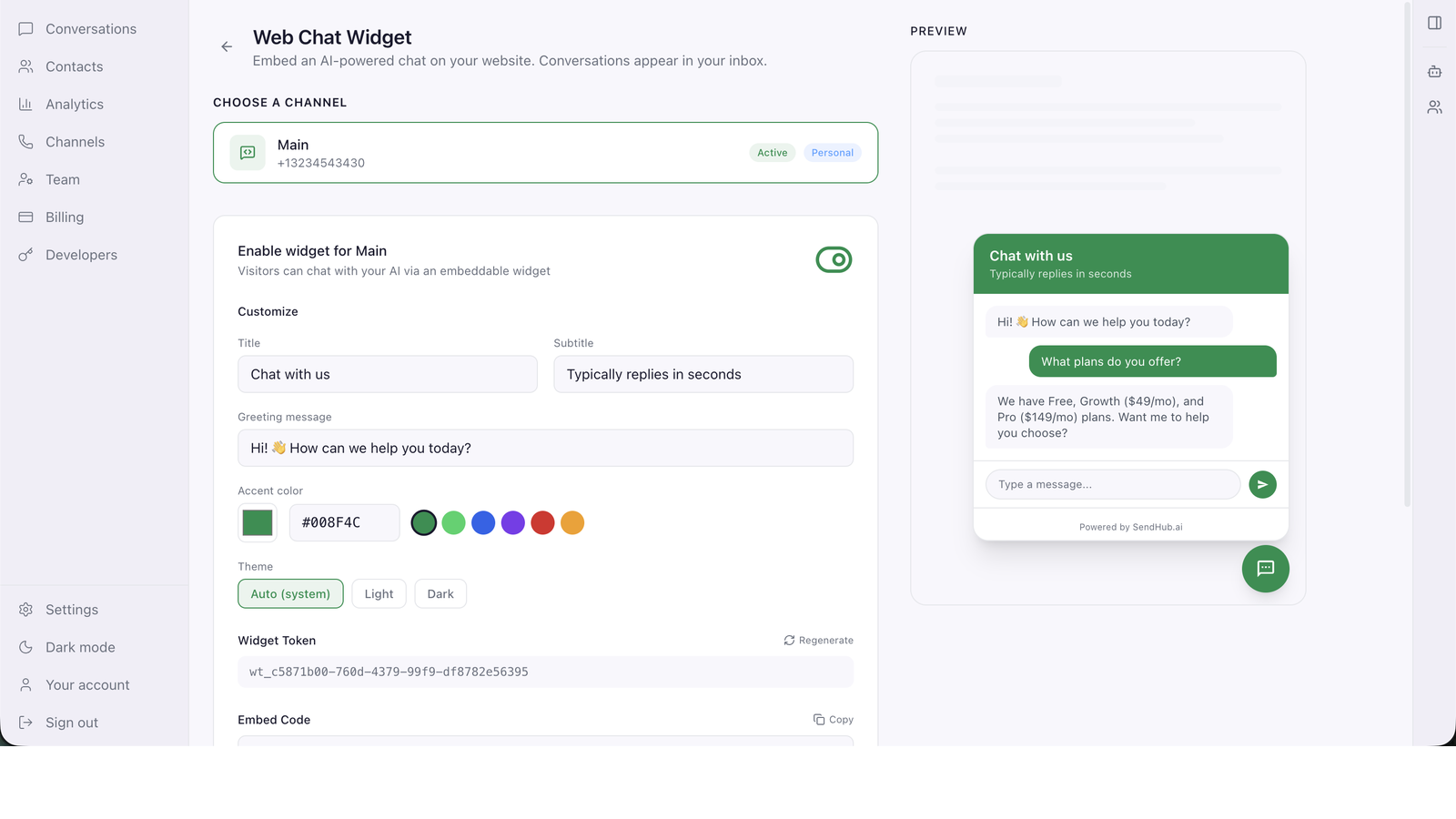 Web chat widget editor with live preview, brand colors, and embed code.